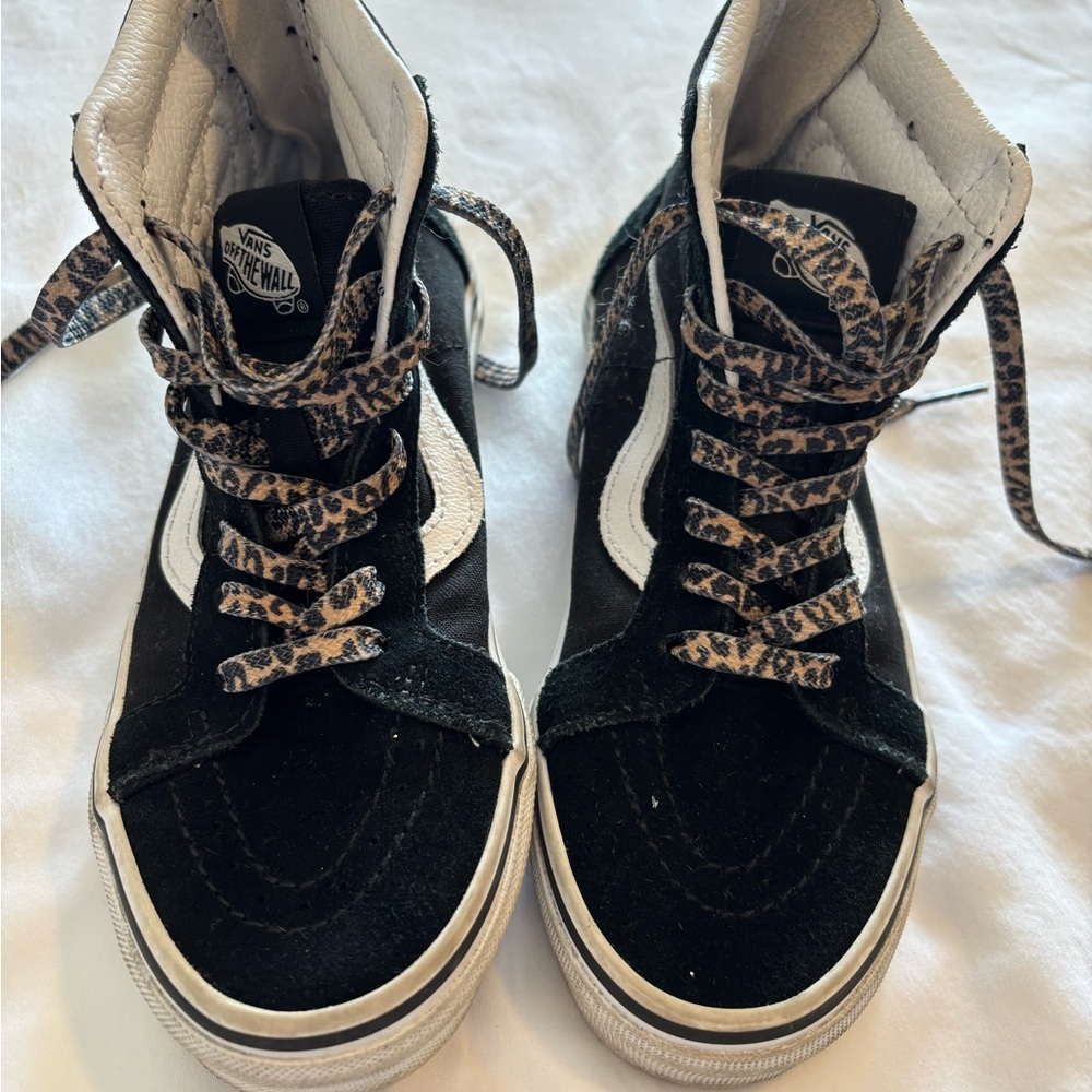 Vans Black and White High-Tops with Leopard Print Laces